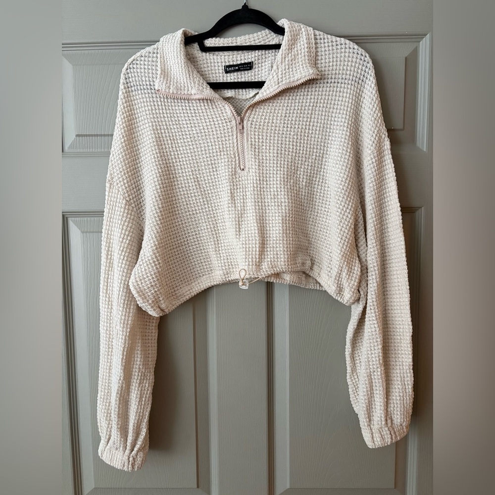 SHEIN Cream Quarter-Zip Waffle Knit Sweater